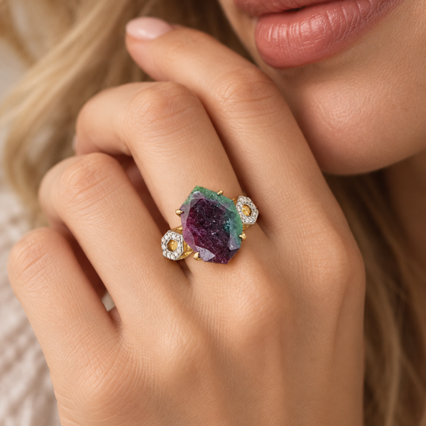 Ruby in Zoisite Statement Cocktail Ring Sterling Silver Gold Plated for Ladies
