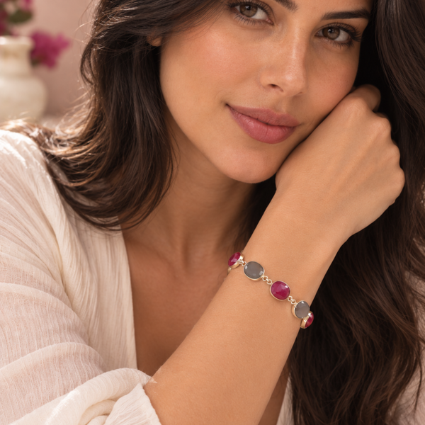 Ruby Corundum and Gray Moonstone Sterling Silver Gemstone Bracelet