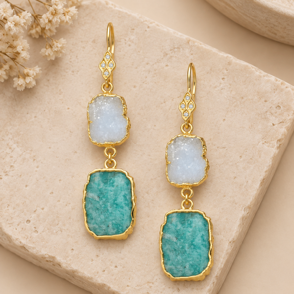 White Druzy Amazonite and Apatite Sterling Silver Gold Plated Earrings