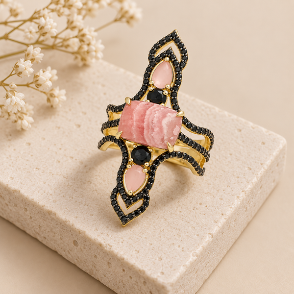 Rhodochrosite and Black Spinel Statement Dinner Ring Sterling Silver Gold Plated for Women