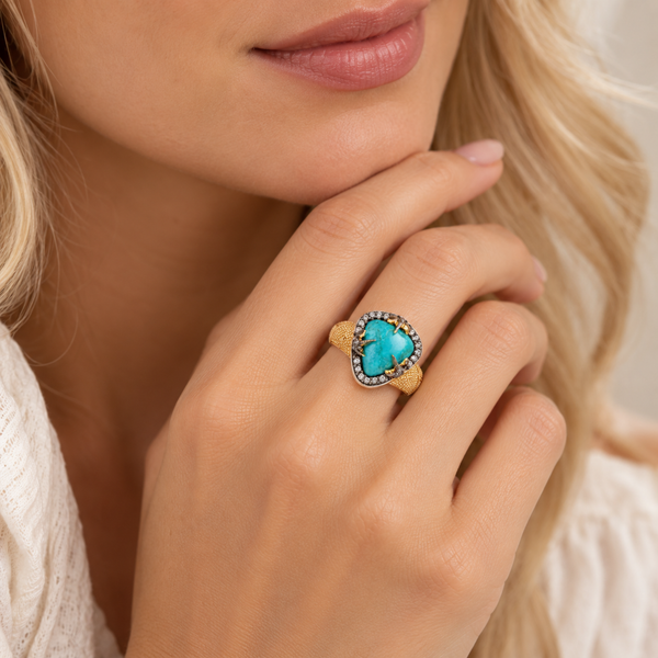 Kingman Turquoise Unique Fashion Ring Sterling Silver Gold Plated for Women