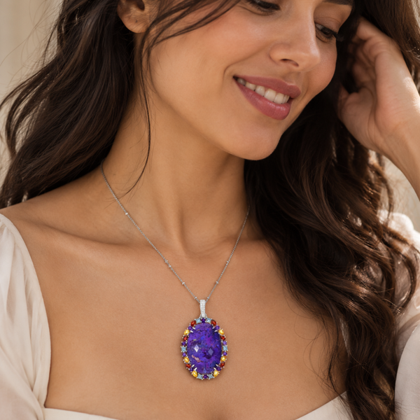 Purple Stabilized Turquoise and Multi Gemstone Sterling Silver Rhodium 30 Inch Satellite Chain enhancer Pendant