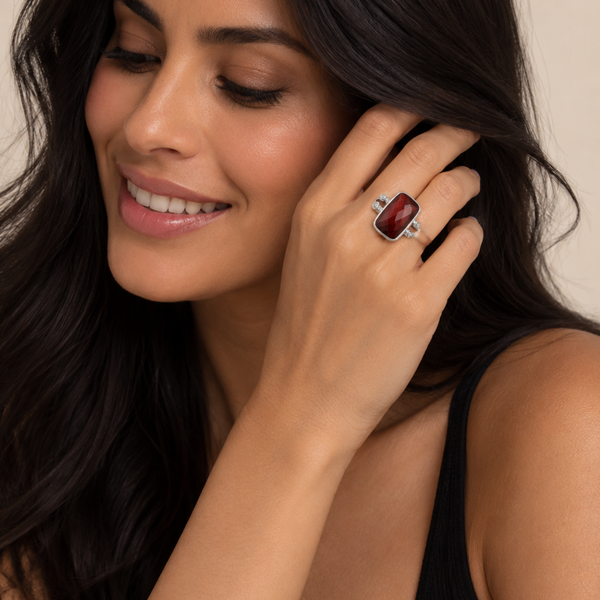Red Tigers Eye Large Gemstone Dinner Ring Sterling Silver Rhodium for Women
