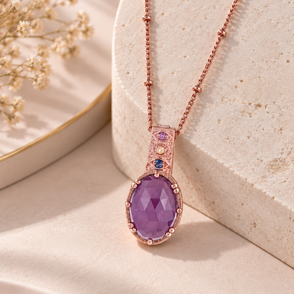 Ruby Gemstone Statement Pendant Necklace 18 Inch Chain Sterling Silver Rose Gold Plated enhancer with 2 Inch Extender