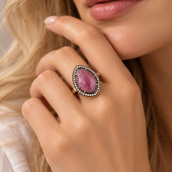 Ruby Large Gemstone Cocktail Ring Sterling Silver Gold Plated for Ladies