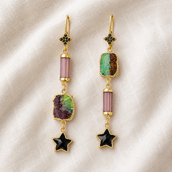 Multi Gemstone Unique Dangle Earrings Gold Plated Sterling Silver