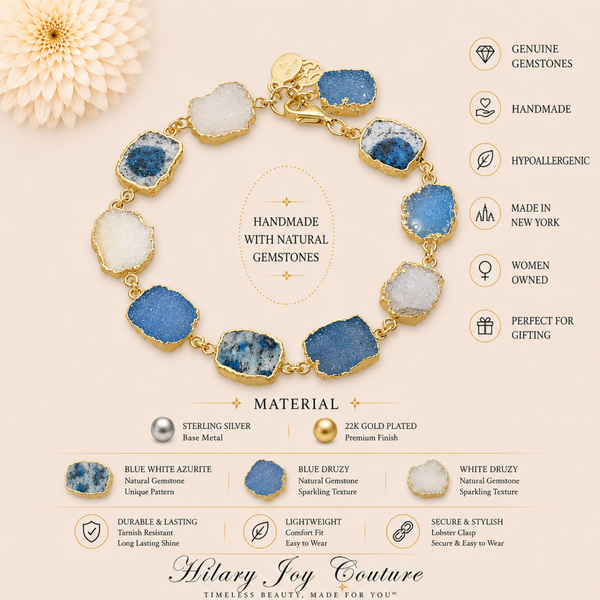 Blue white Azurite and Druzy Sterling Silve Handmade Gemstone Bracelet