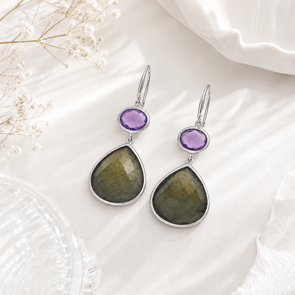 Multi Gemstone Dangle Drop Earrings Sterling Silver Rhodium