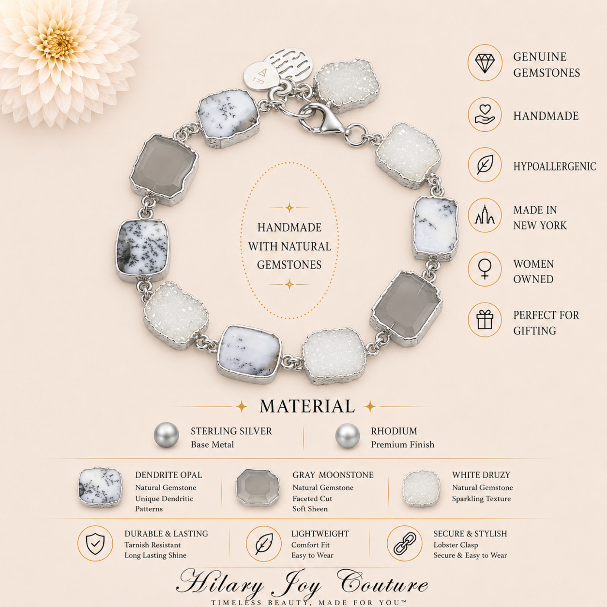 Dendrite Opal Sterling Silver Rhodium Semi Precious Gemstone Bracelet