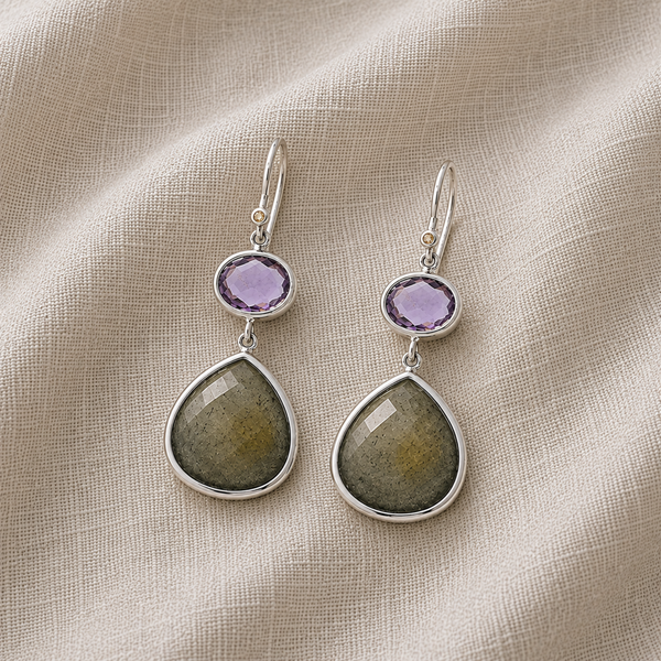Multi Gemstone Dangle Drop Earrings Sterling Silver Rhodium