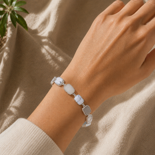 Dendrite Opal Sterling Silver Rhodium Semi Precious Gemstone Bracelet