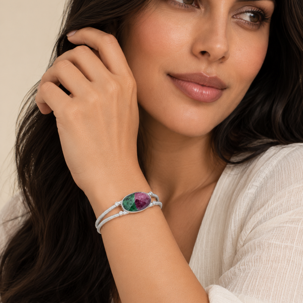 Ruby in Zoisite Sterling Silver Rhodium Gemstone Cuff Bangle Bracelet