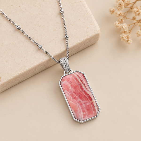 Rhodochrosite Gemstone Long Pendant Necklace 18 Inch Chain Sterling Silver Rhodium with 2 Inch Extender enhancer