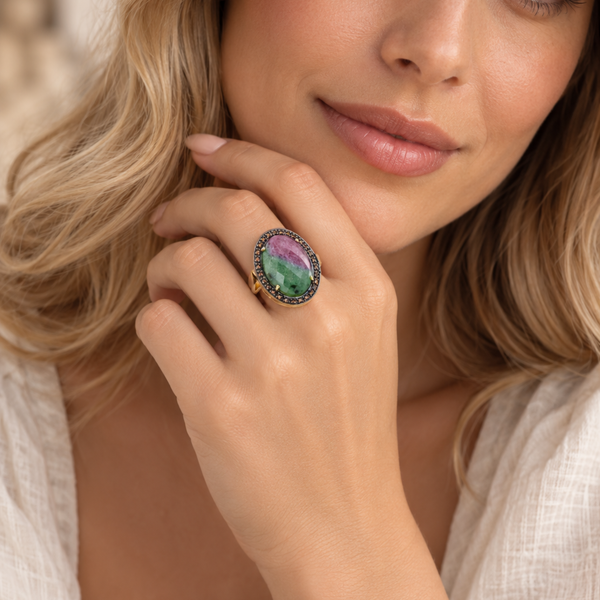 Ruby in Zoisite Large Gemstone Statement Cocktail Ring Sterling Silver Gold Plated for Ladies