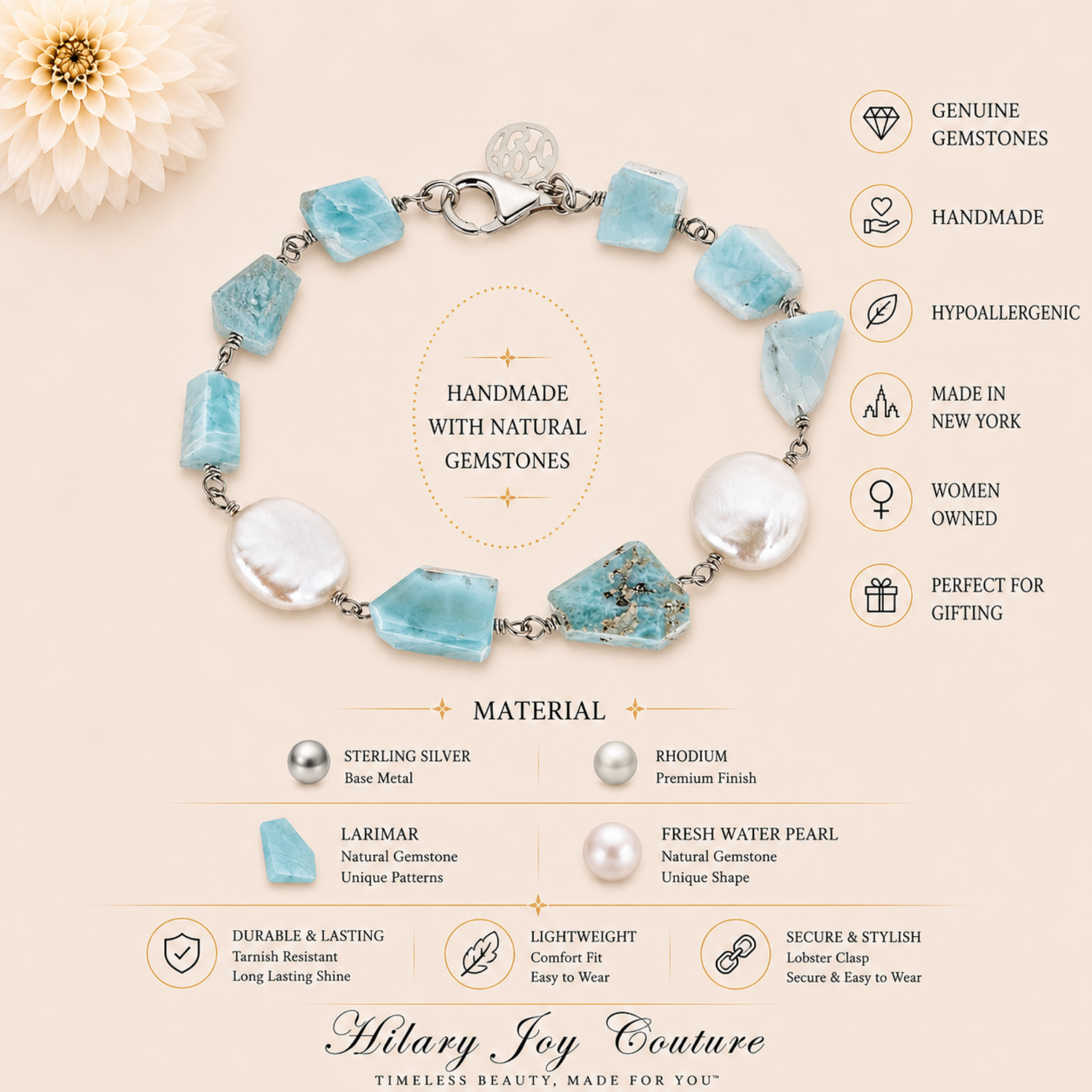 Larimar and Fresh Water Pearl Sterling Silver Handmade Bracelet