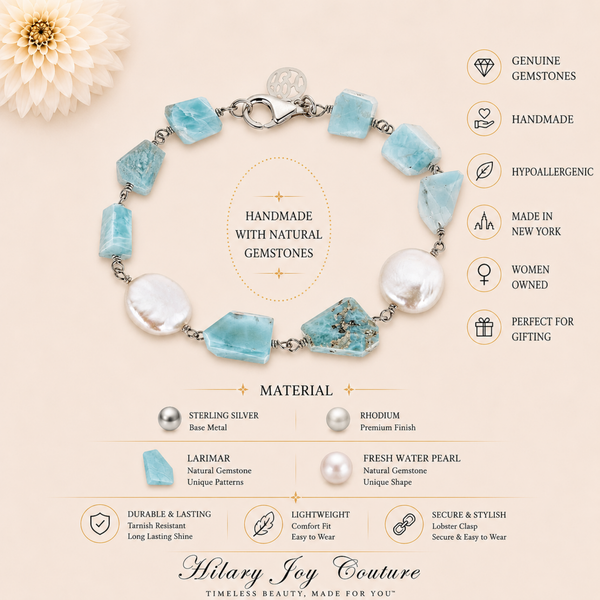 Larimar and Fresh Water Pearl Sterling Silver Handmade Bracelet