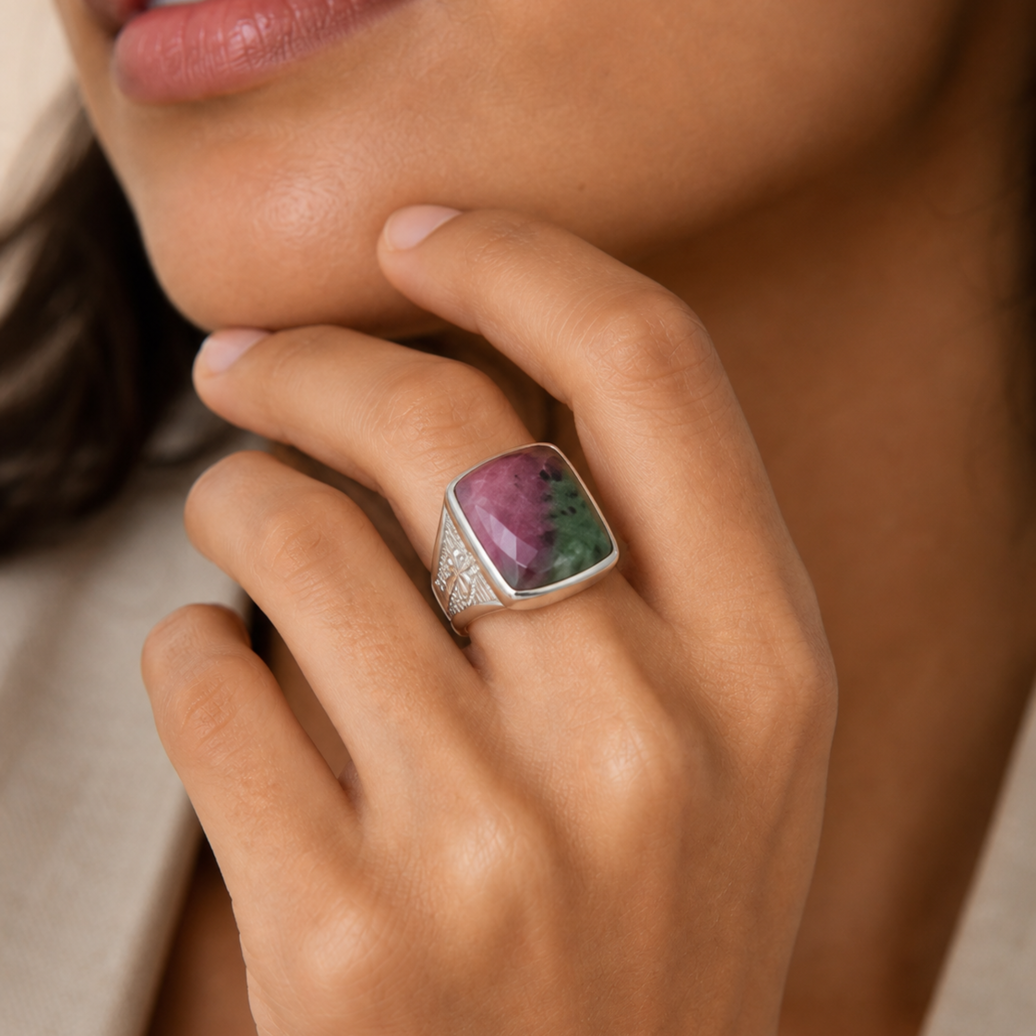 Ruby in Zoisite Large Gemstone Cocktail Ring Sterling Silver Rhodium for Women