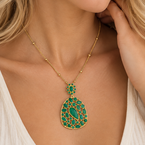 Emerald Statement Pendant Necklace 18 Inch Satellite Chain with 2 Inch Extender Sterling Silver Gold Plated