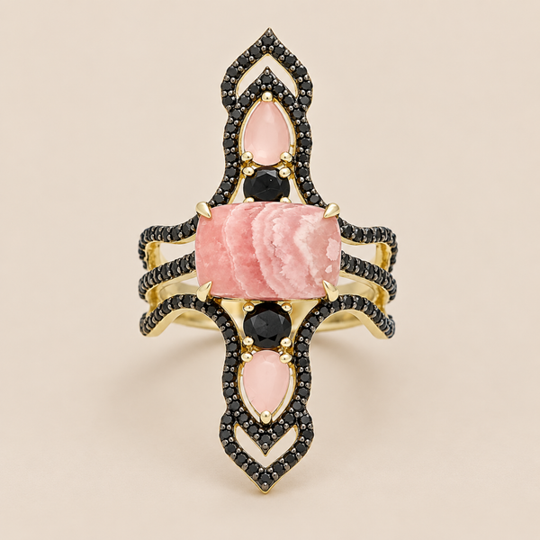 Rhodochrosite and Black Spinel Statement Dinner Ring Sterling Silver Gold Plated for Women