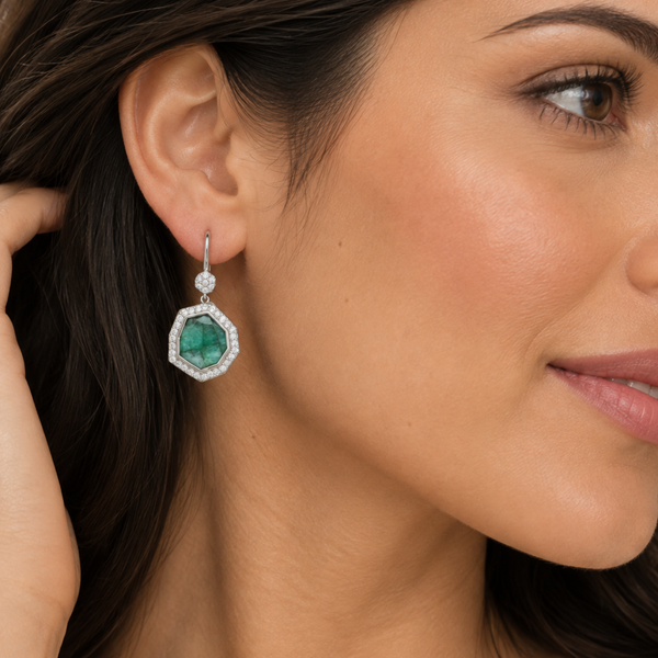 Emerald Gemstone Statement Drop Earrings Sterling Silver Rhodium