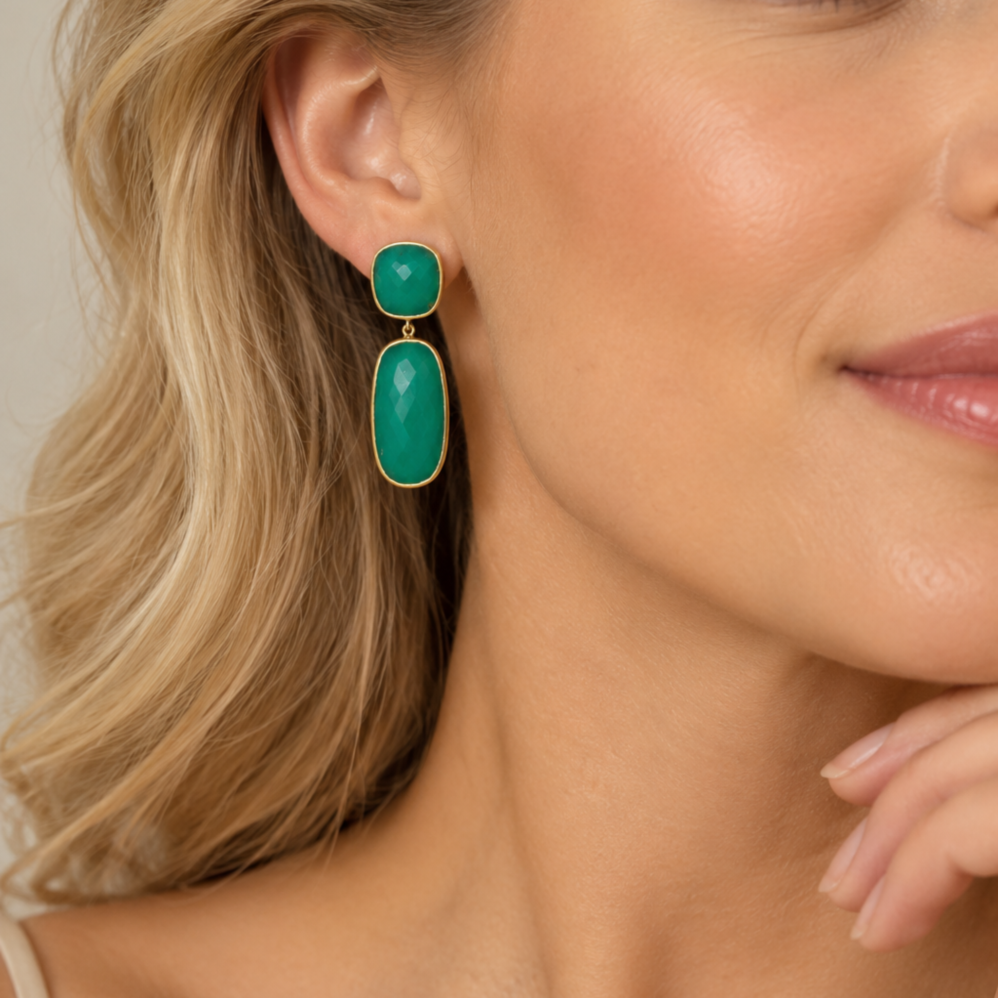 Chrysoprase Rectangle Dangle Drop Earrings Sterling Silver Gold Plated