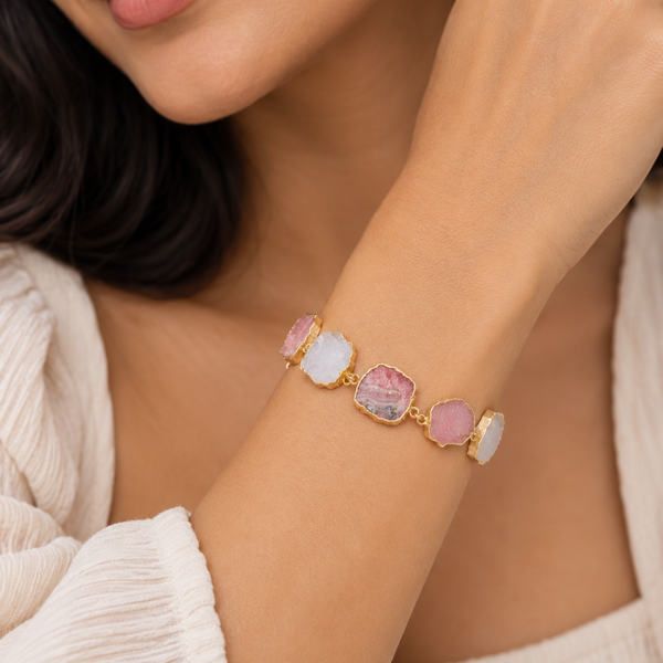 Rhodochrosite and Druzy Semi Precious Gemstone Bracelet