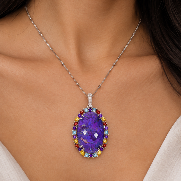 Purple Stabilized Turquoise and Multi Gemstone Sterling Silver Rhodium 30 Inch Satellite Chain enhancer Pendant