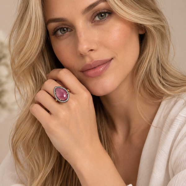 Ruby Large Gemstone Cocktail Ring Sterling Silver Gold Plated for Ladies