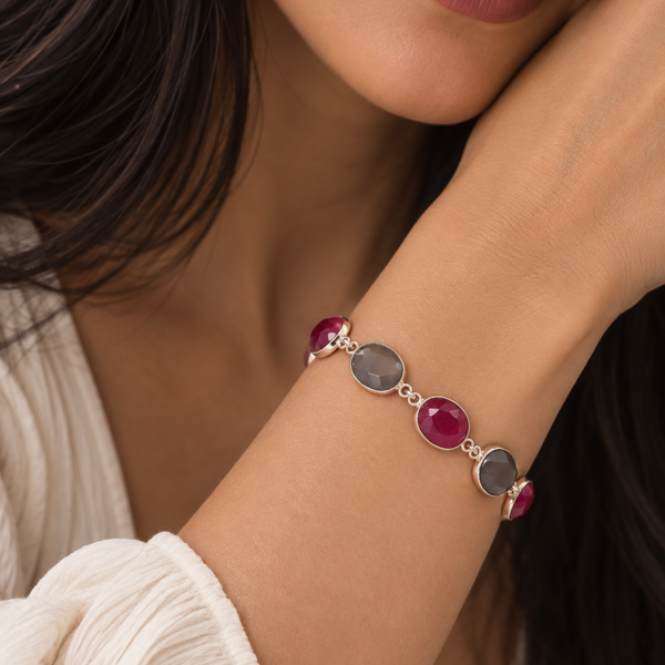 Ruby Corundum and Gray Moonstone Sterling Silver Gemstone Bracelet