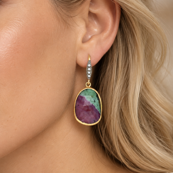 Ruby in Zoisite with Natural Zircon Sterling Silver Gold Plated Earrings