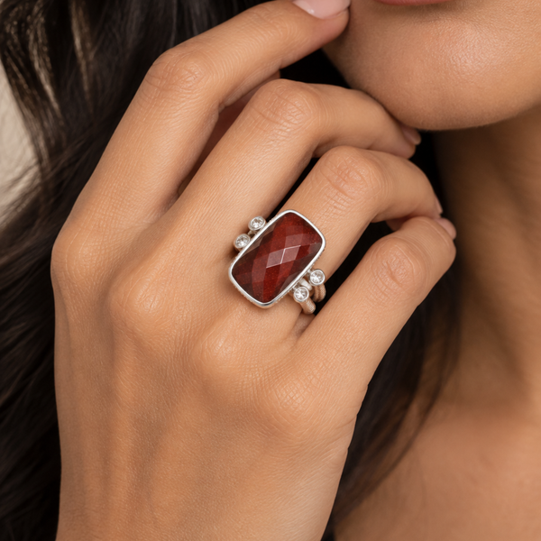Red Tigers Eye Large Gemstone Dinner Ring Sterling Silver Rhodium for Women