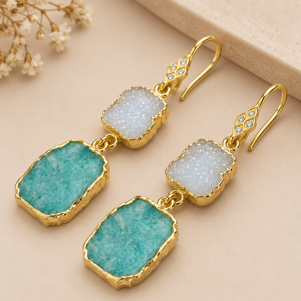 White Druzy Amazonite and Apatite Sterling Silver Gold Plated Earrings