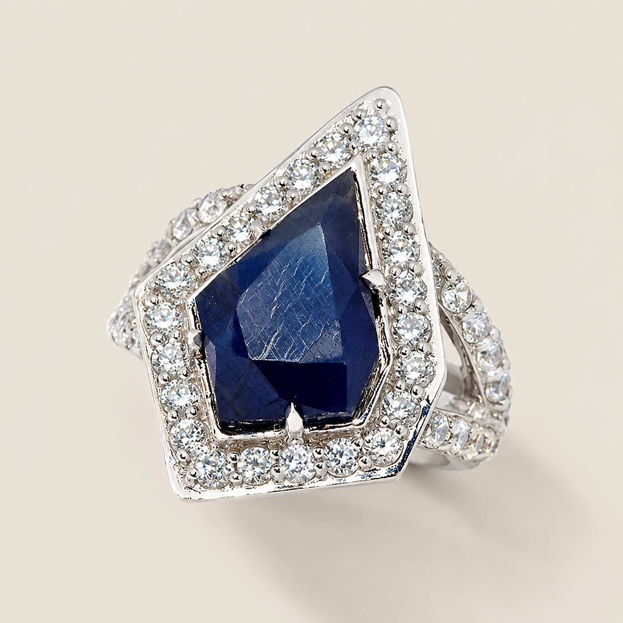 Blue Sapphire Statement Dinner Ring Sterling Silver Rhodium for Women