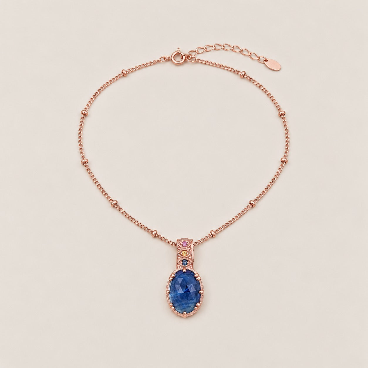 Sapphire Gemstone Statement Pendant Necklace 18 Inch Chain with 2 Inch Extender Sterling Silver Rose Gold Plated