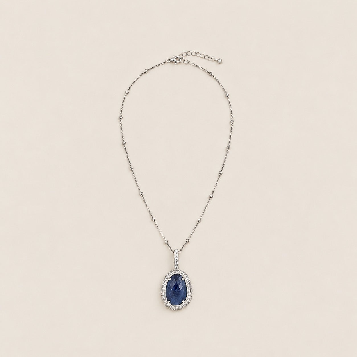 Sapphire with Natural Zircon and 18 Inch Satellite Chain Sterling Silver Rhodium enhancer Pendant with 2 Inch Extender