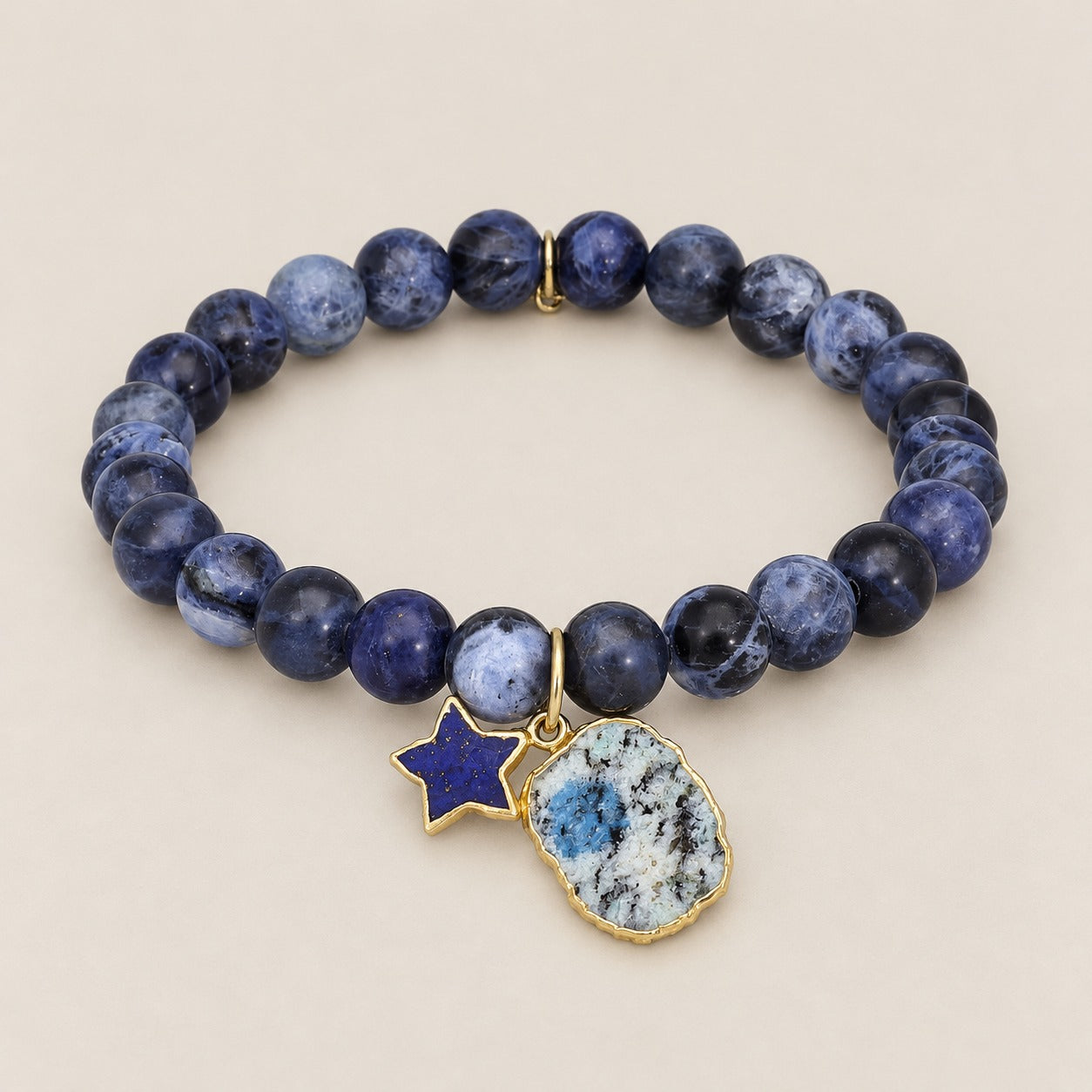 Sodalite Gemstone Beaded Stretch Bracelet with Sterling Silver Charms