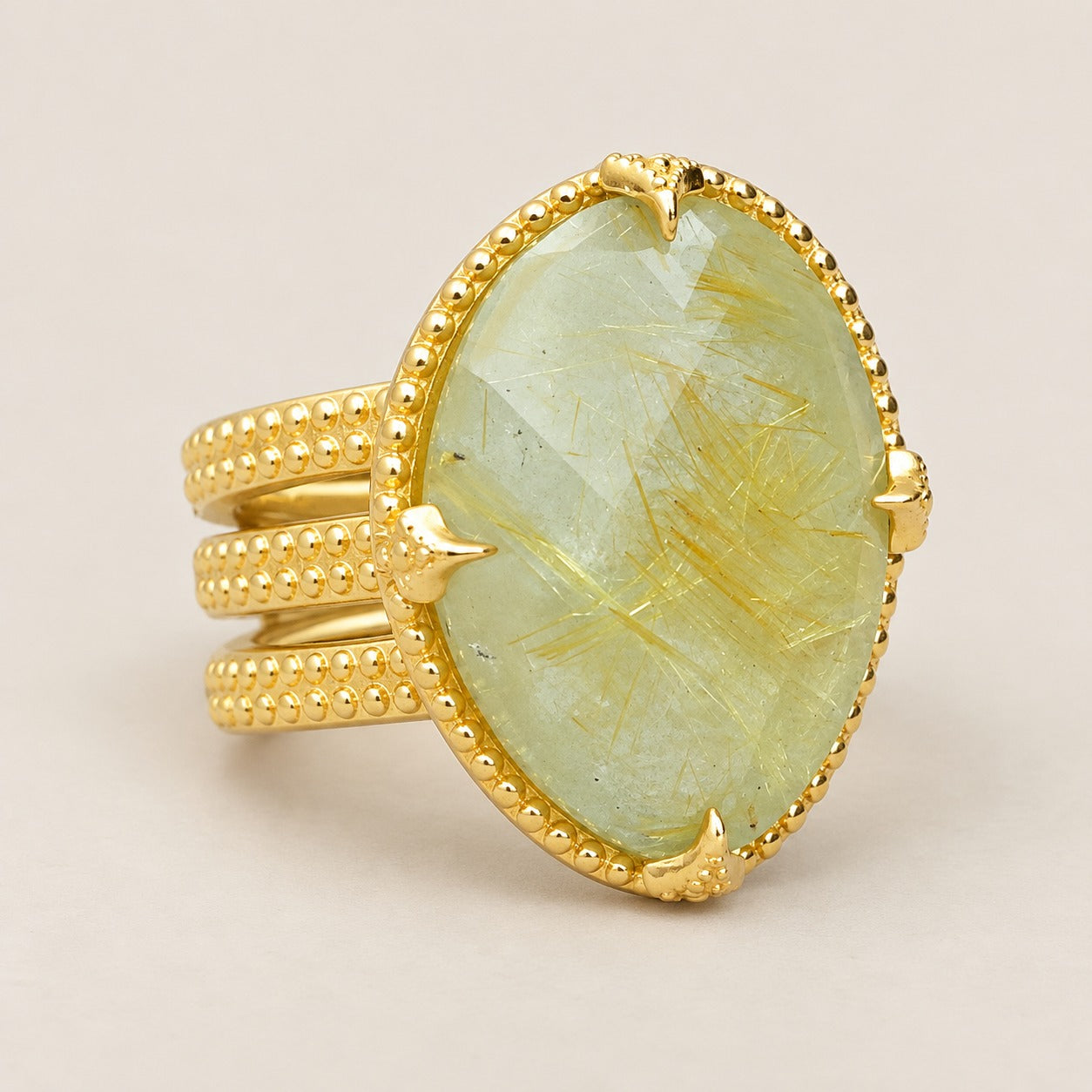 Rutilated Quartz Doublet Large Gemstone Statement Ring Sterling Silver Gold Plated for Ladies