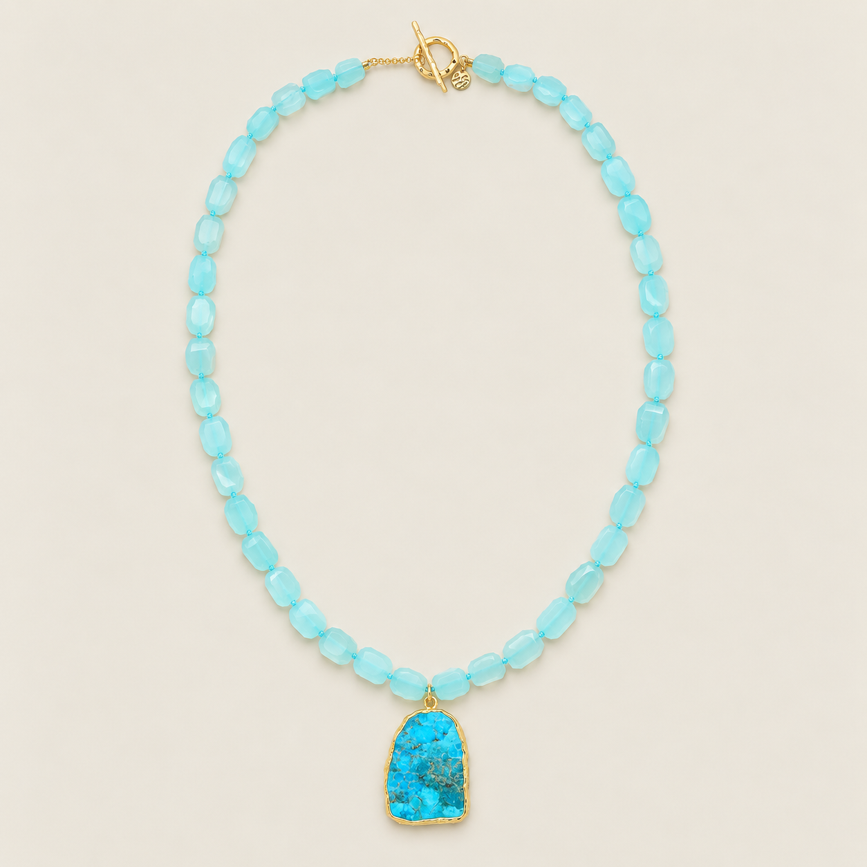 Aqua Chalcedony Gemstone Extra Long Beaded Pendant Necklace Sterling Silver Gold Plated