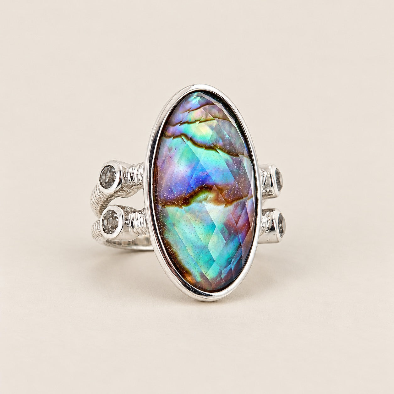 Abalone Doublet Large Vintage Dinner Ring Sterling Silver Rhodium for Women