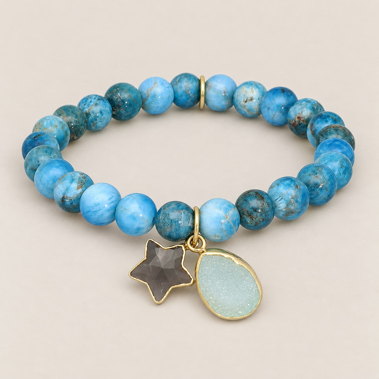 Apatite Gemstone Beaded Stretch Bracelet with Sterling Silver Charm