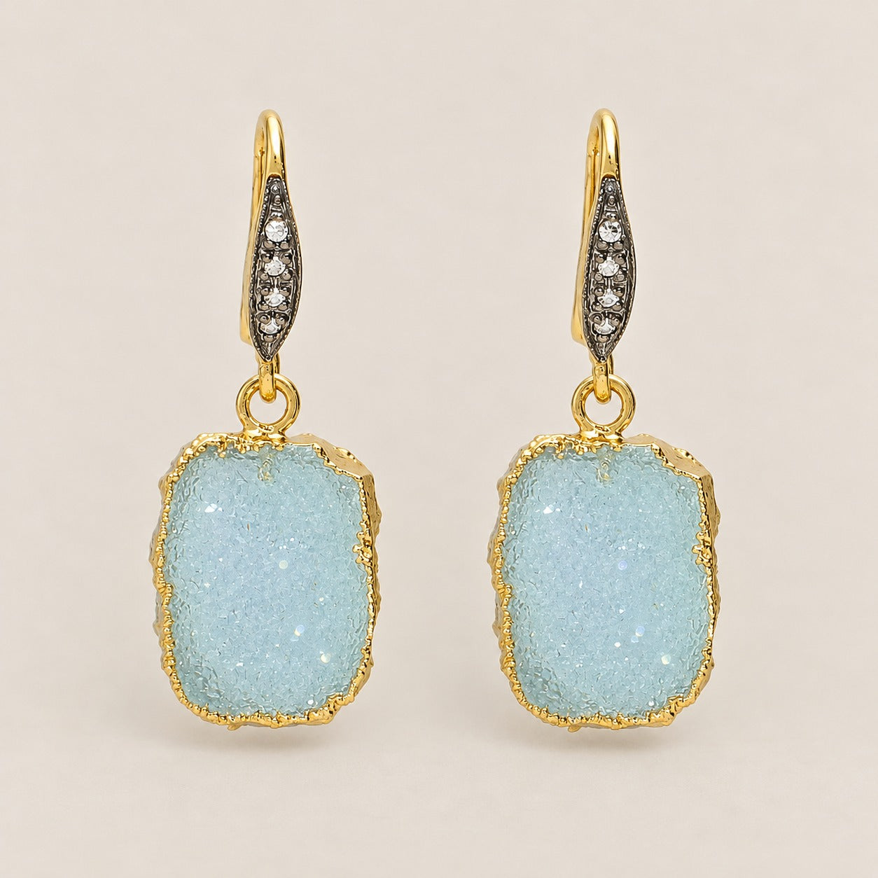 Aqua Druzy Gemstone Drop Earrings Sterling Silver Gold Plated
