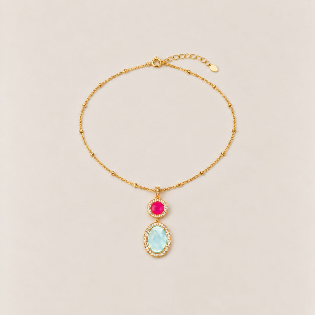 Fuchsia and Blue Chalcedony Gemstone Statement Pendant Necklace 16 Inch Chain with 2 Inch Extender Sterling Silver Gold Plated