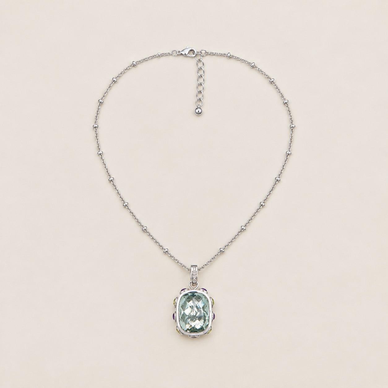Prasiolite Gemstone Statement Pendant Silver Necklace 18 Inch Chain with 2 Inch Extender Sterling Silver Rhodium