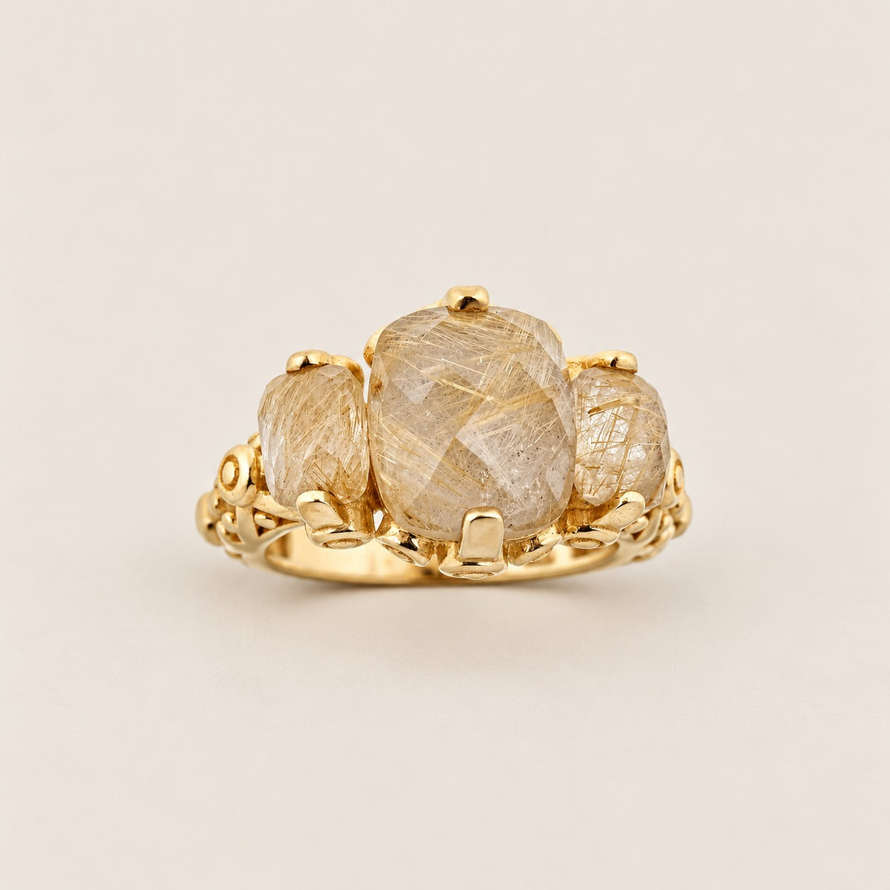 Rutilated Quartz Designer Cocktail Ring Sterling Silver Gold Plated for Ladies
