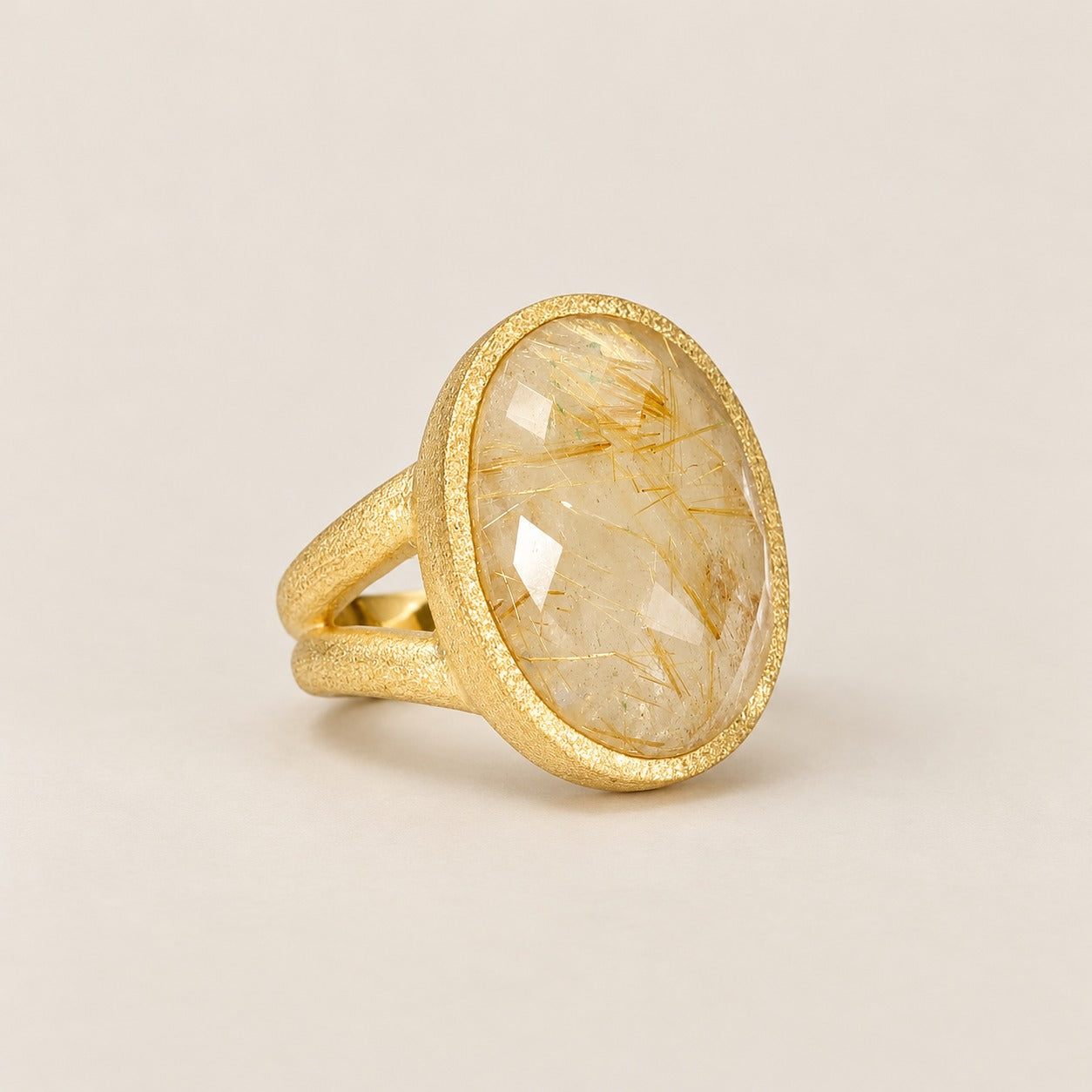 Rutilated Quartz Large Gemstone Statement Cocktail Ring Sterling Silver Gold Plated
