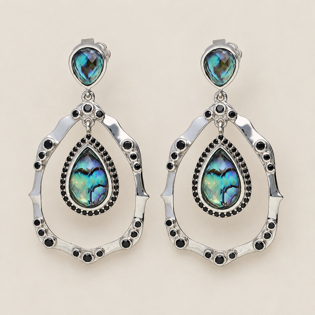 Abalone Doublet Teardrop Chandelier Earrings Sterling Silver Rhodium