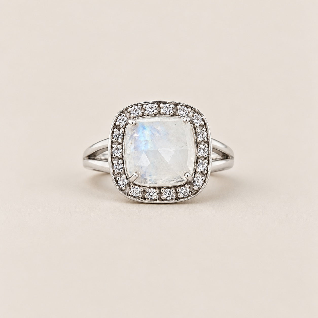 Rainbow Moonstone Statement Cocktail Ring Sterling Silver Rhodium for Ladies