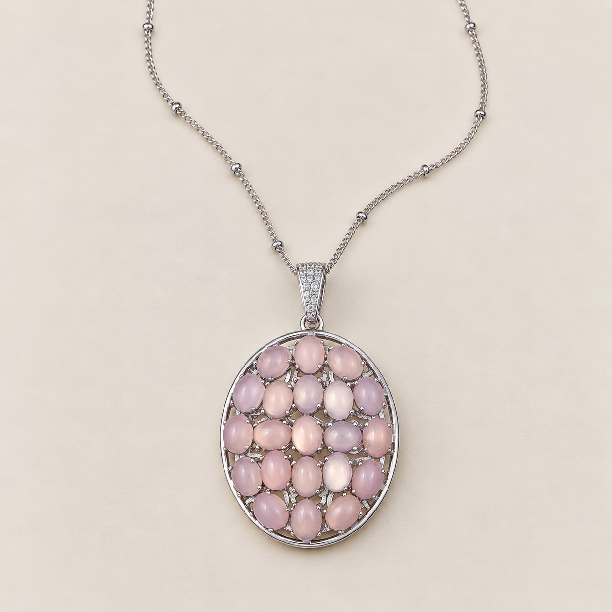 Lavender Chalcedony Long Chain Statement Pendant Necklace Sterling Silver Rhodium