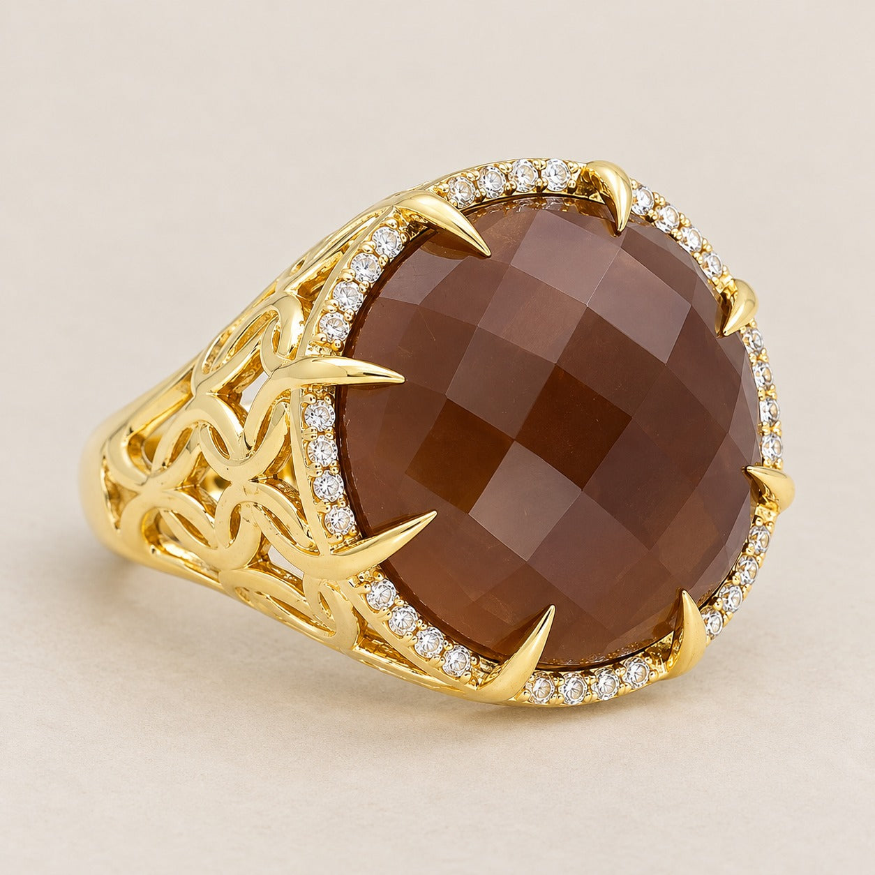 Brown Moonstone Statement Cocktail Ring Sterling Silver Gold Plated for Ladies