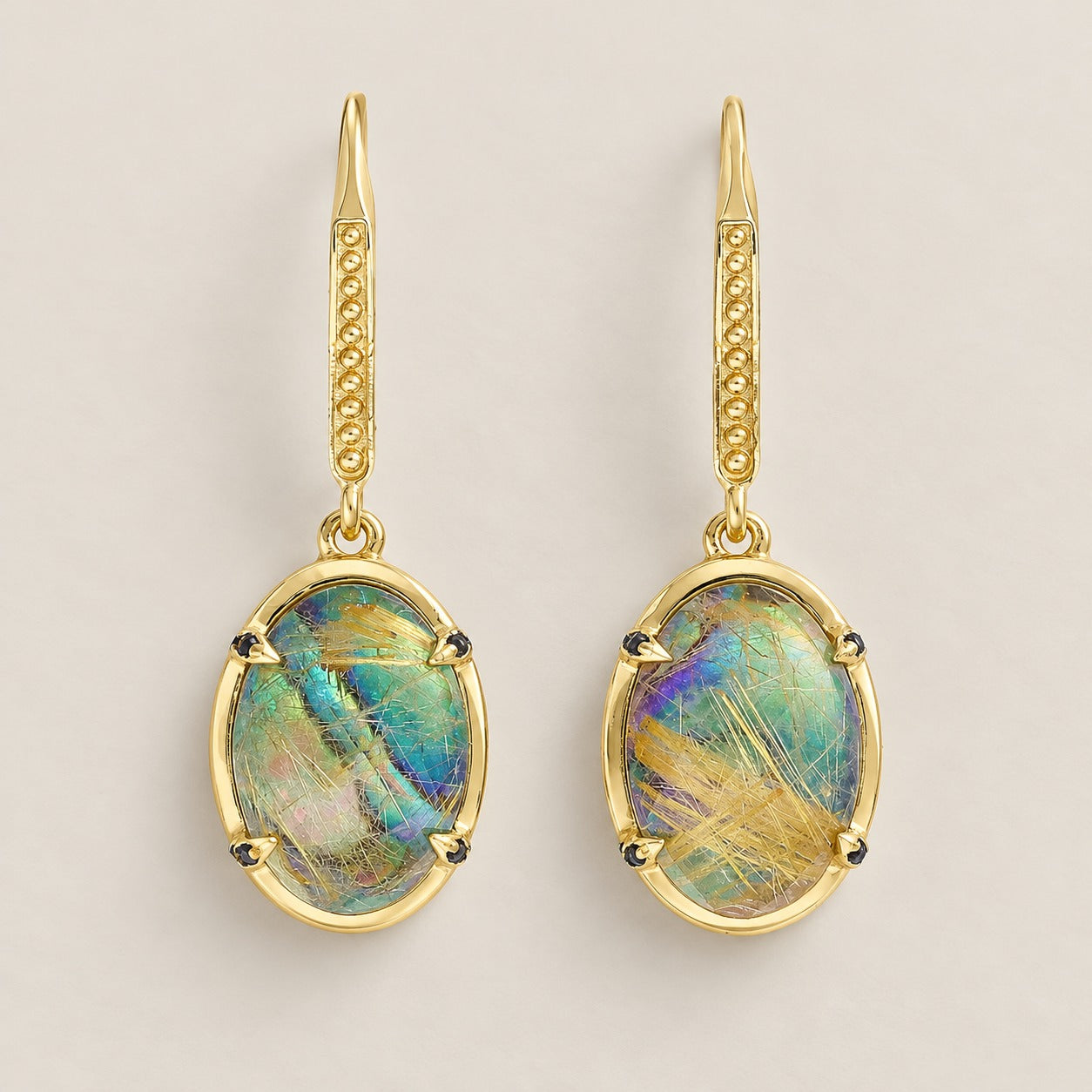 Rutilated Quartz Doublet Designer Drop Earrings Sterling Silver Gold Plated
